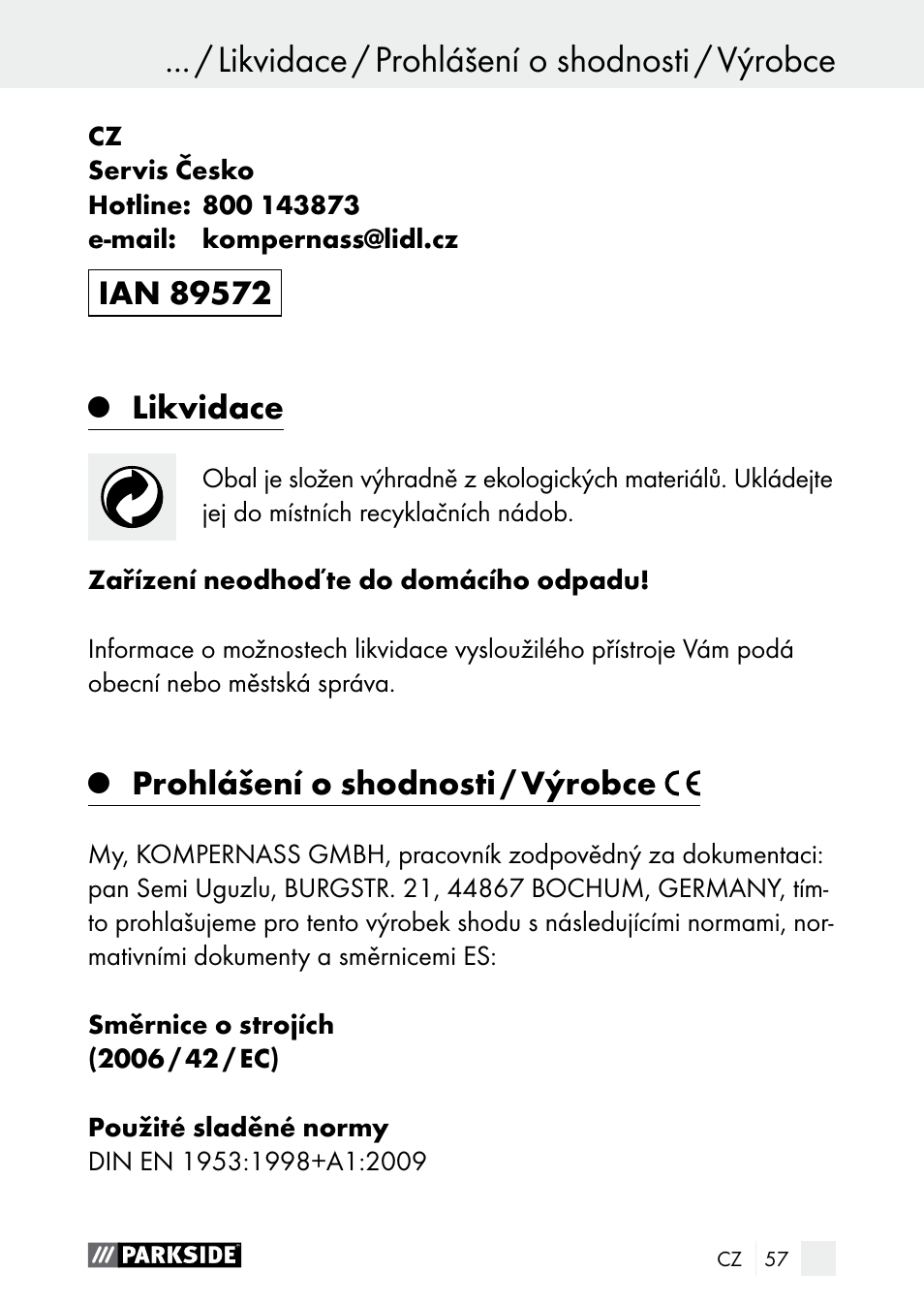Likvidace, Prohlášení o shodnosti / výrobce | Parkside PDSP 1000 A1 User Manual | Page 57 / 80