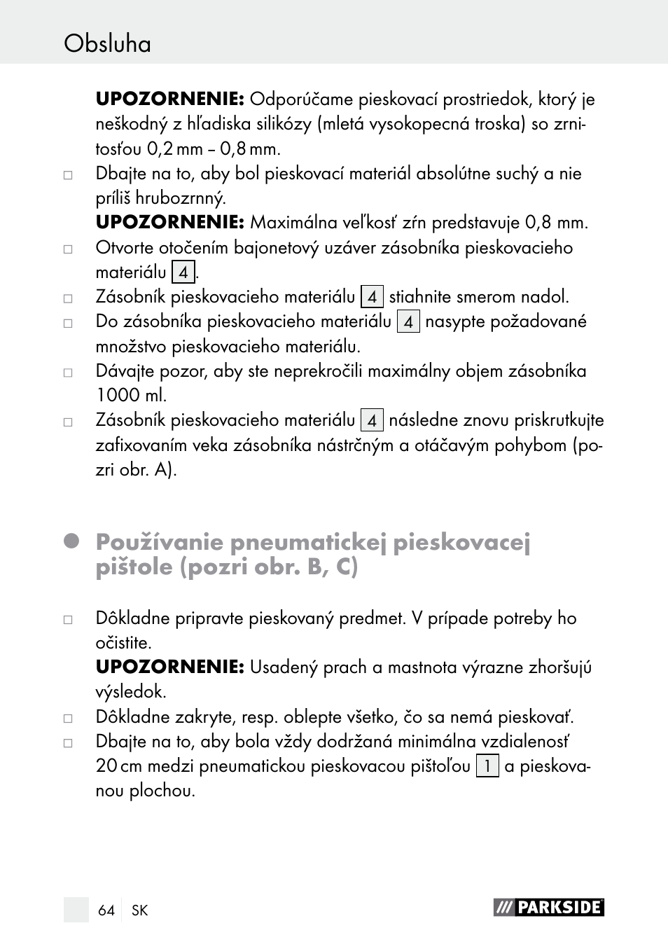 Obsluha / čistenie / servis obsluha | Parkside PDSP 1000 A1 User Manual | Page 64 / 80