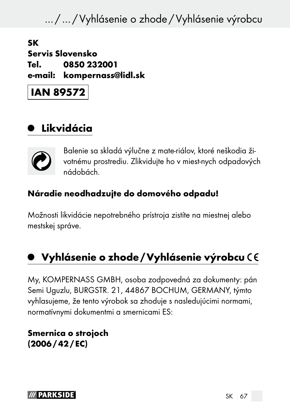Likvidácia, Vyhlásenie o zhode / vyhlásenie výrobcu | Parkside PDSP 1000 A1 User Manual | Page 67 / 80