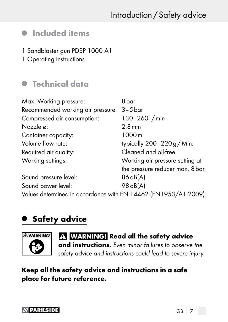 Introduction introduction / safety advice, Included items, Technical data | Safety advice | Parkside PDSP 1000 A1 User Manual | Page 7 / 80