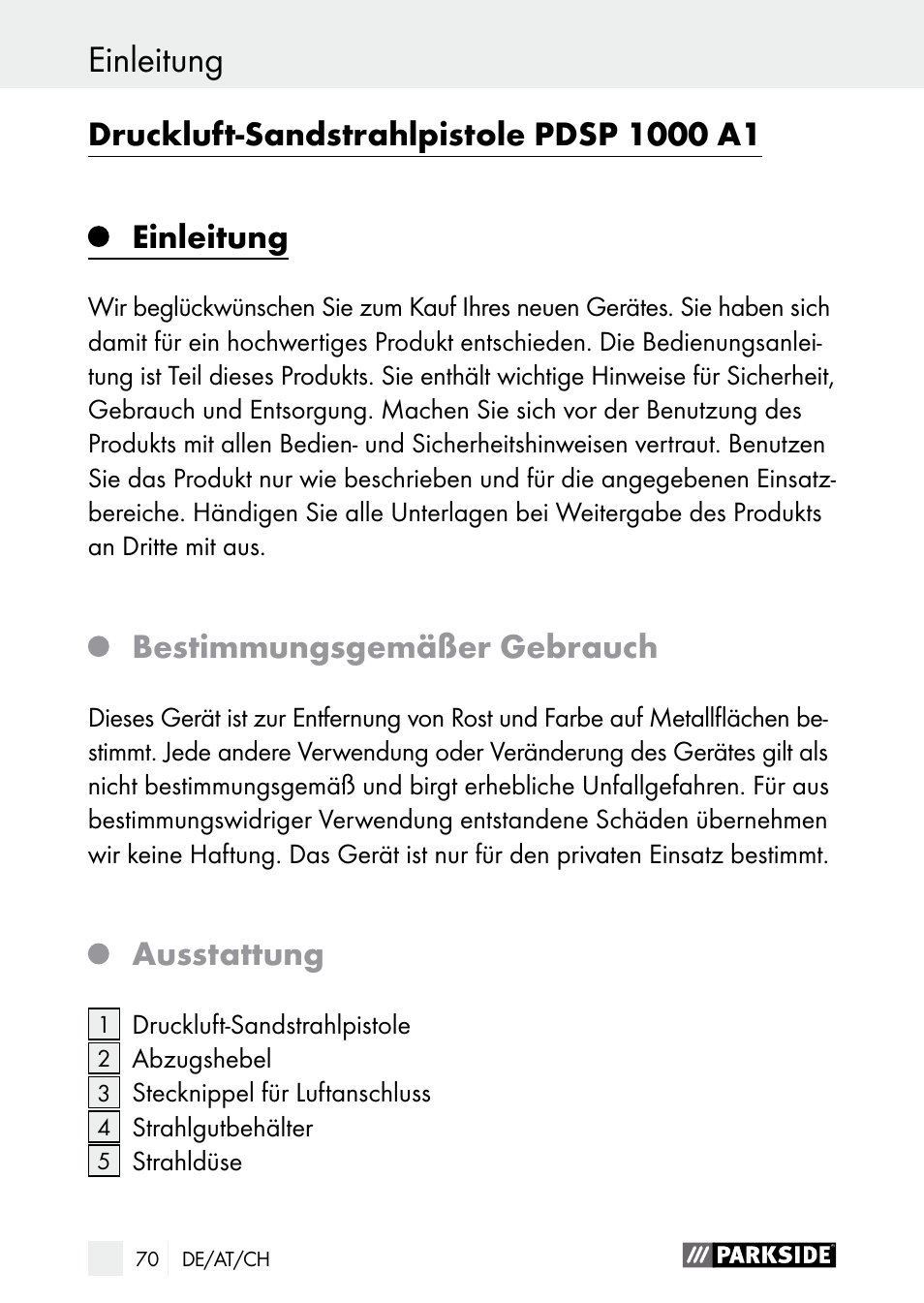 Einleitung, Einleitung / sicherheitshinweise, Bestimmungsgemäßer gebrauch | Ausstattung | Parkside PDSP 1000 A1 User Manual | Page 70 / 80