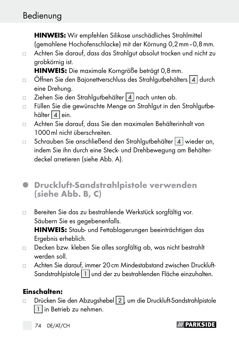 Bedienung / reinigung / service, Bedienung | Parkside PDSP 1000 A1 User Manual | Page 74 / 80