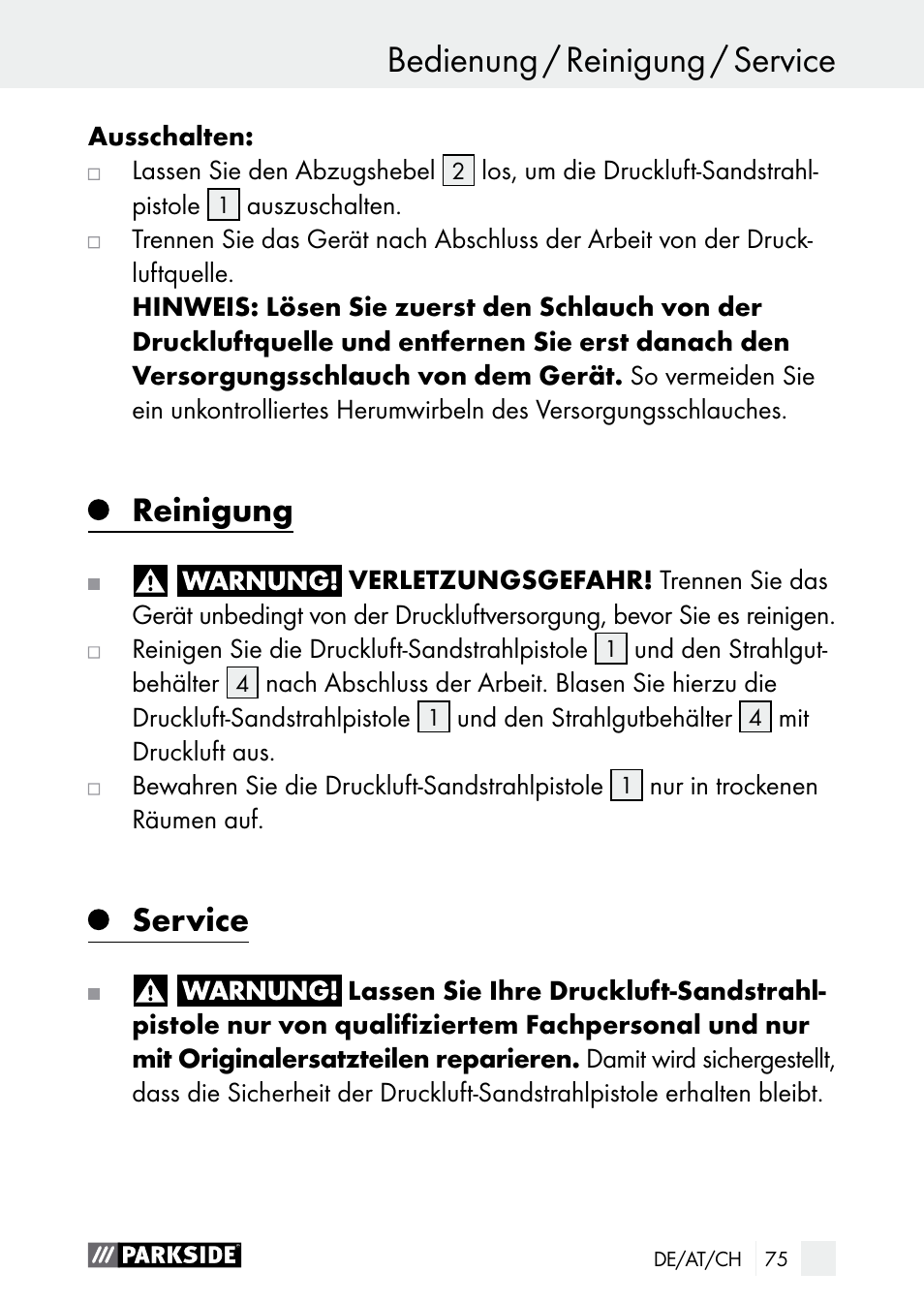 Bedienung / reinigung / service, Bedienung, Reinigung | Service | Parkside PDSP 1000 A1 User Manual | Page 75 / 80