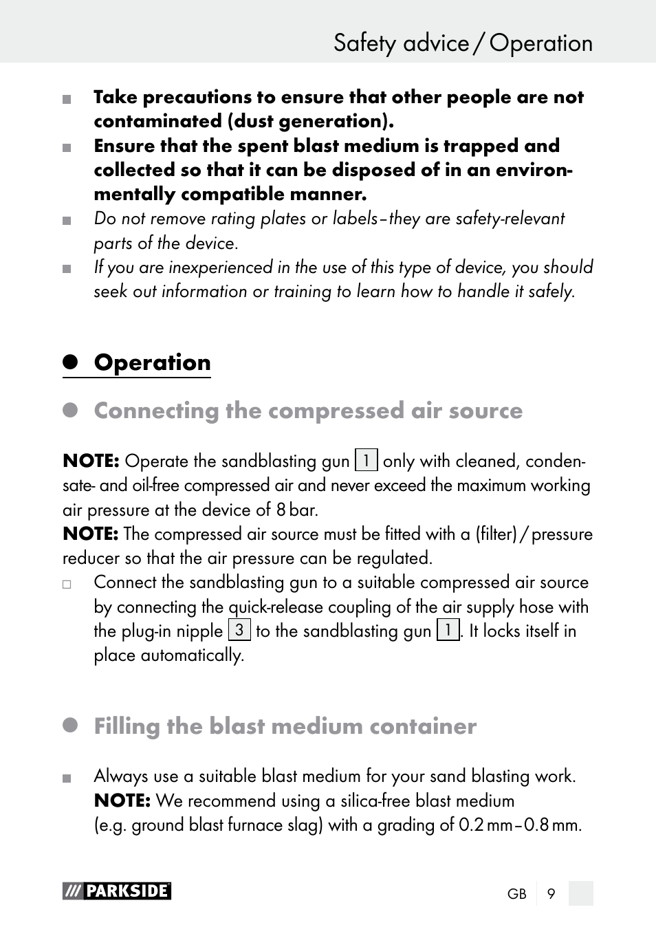 Safety advice / operation, Safety advice, Operation | Connecting the compressed air source, Filling the blast medium container | Parkside PDSP 1000 A1 User Manual | Page 9 / 80