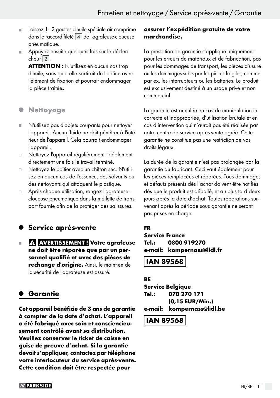 Nettoyage, Service après-vente, Garantie | Parkside PDT 40 C2 User Manual | Page 11 / 36