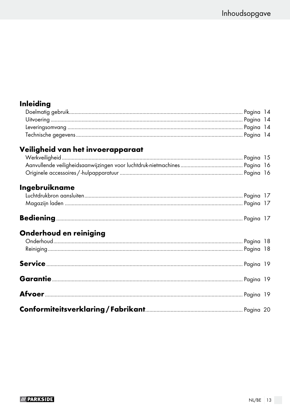 Inhoudsopgave | Parkside PDT 40 C2 User Manual | Page 13 / 36