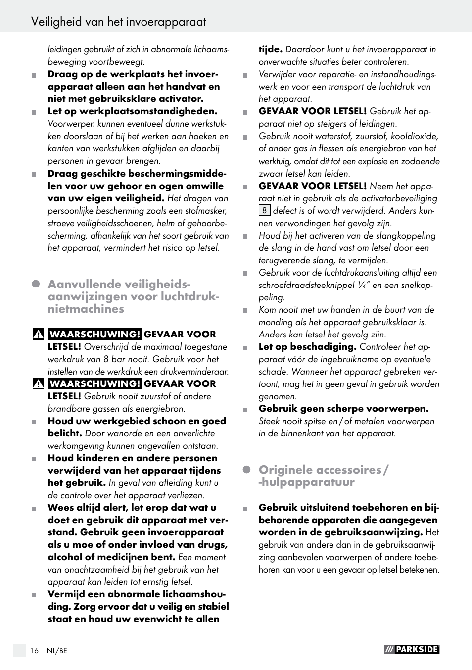 Originele accessoires / -hulpapparatuur | Parkside PDT 40 C2 User Manual | Page 16 / 36