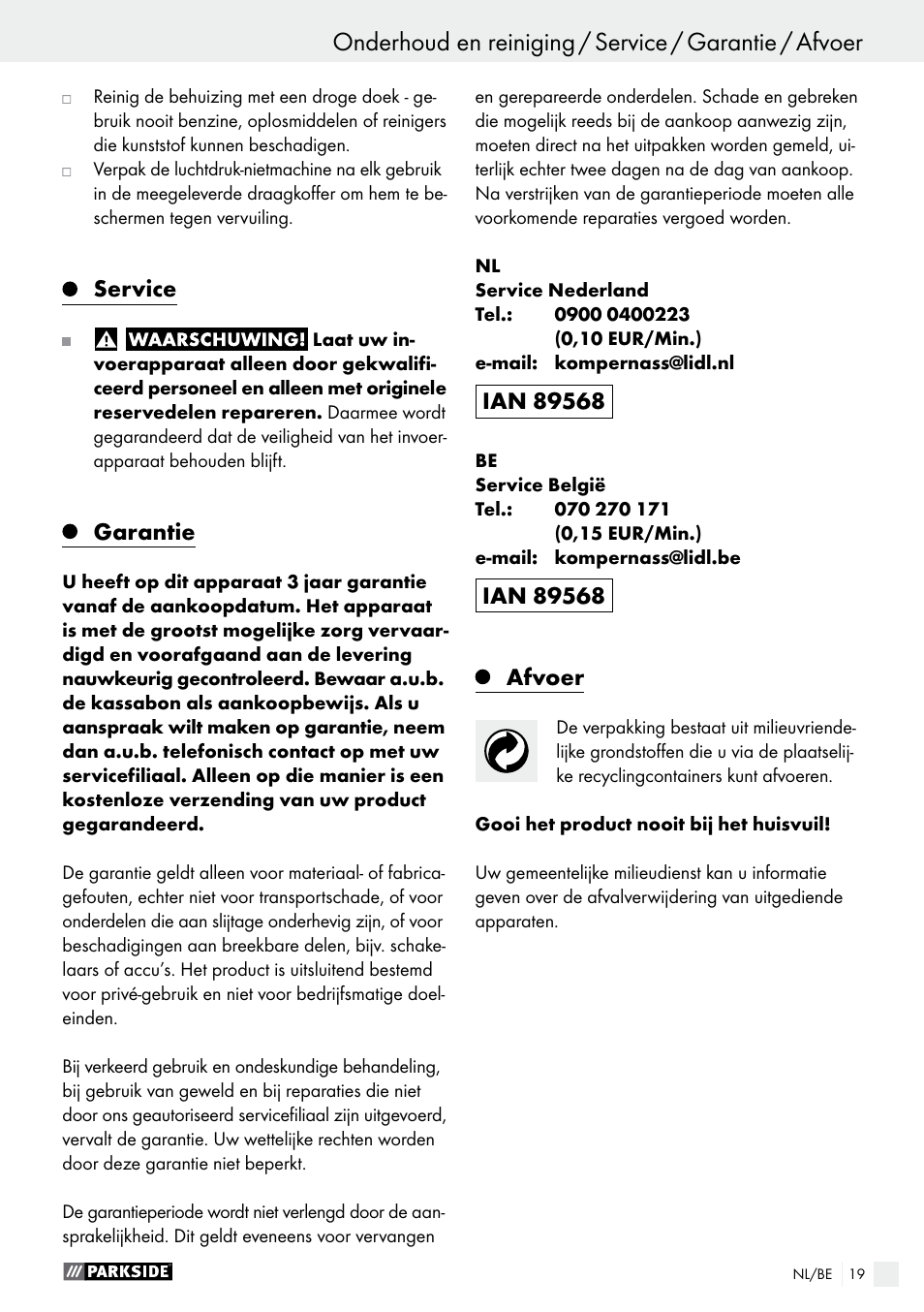 Service, Garantie, Afvoer | Parkside PDT 40 C2 User Manual | Page 19 / 36