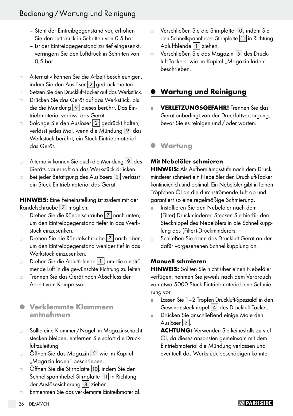 Bedienung / wartung und reinigung, Verklemmte klammern entnehmen, Wartung und reinigung | Wartung | Parkside PDT 40 C2 User Manual | Page 26 / 36