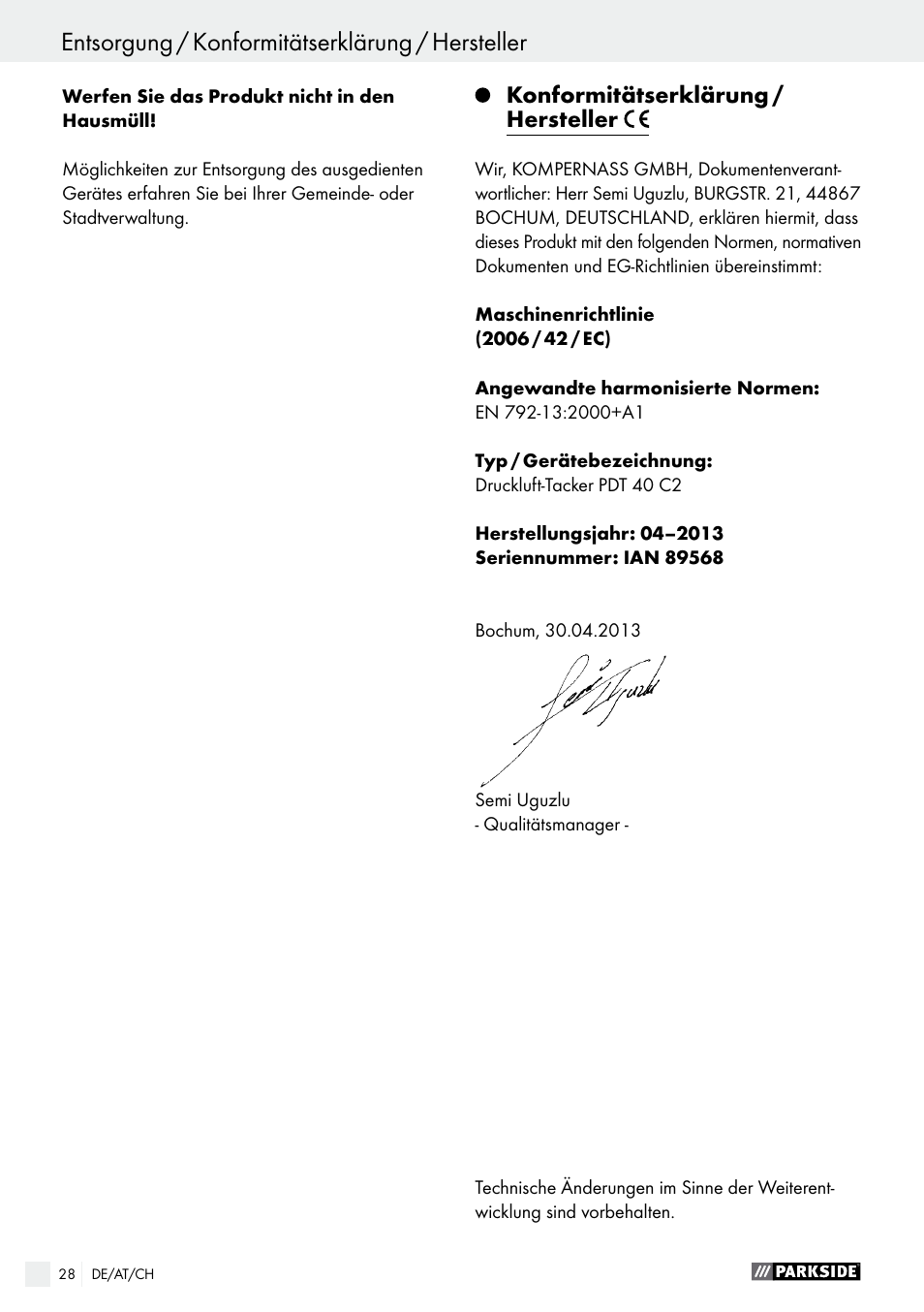 Parkside PDT 40 C2 User Manual | Page 28 / 36