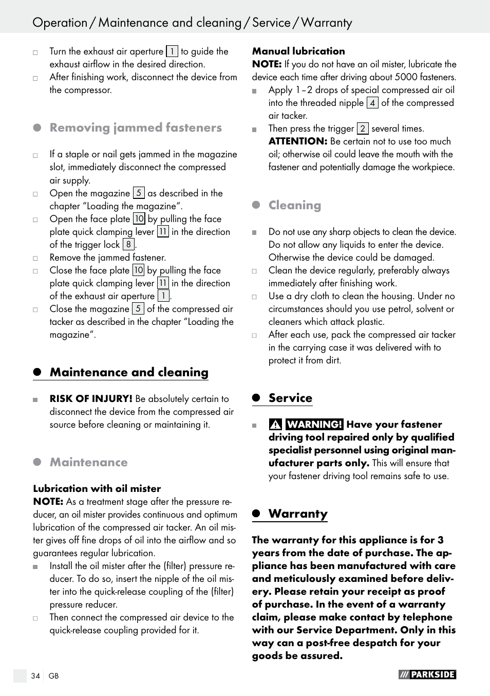 Removing jammed fasteners, Maintenance and cleaning, Maintenance | Cleaning, Service, Warranty | Parkside PDT 40 C2 User Manual | Page 34 / 36