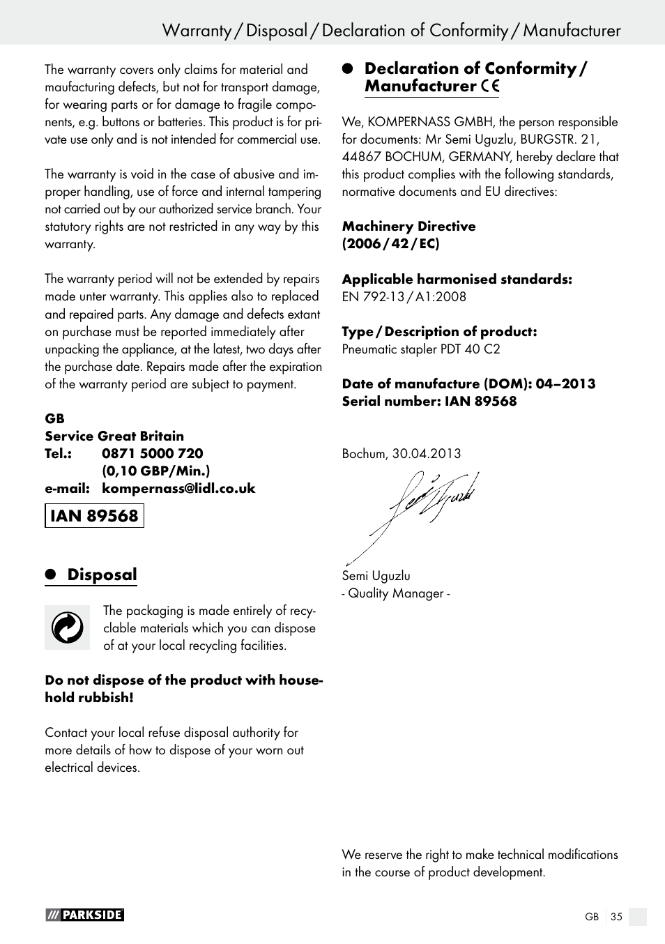 Parkside PDT 40 C2 User Manual | Page 35 / 36