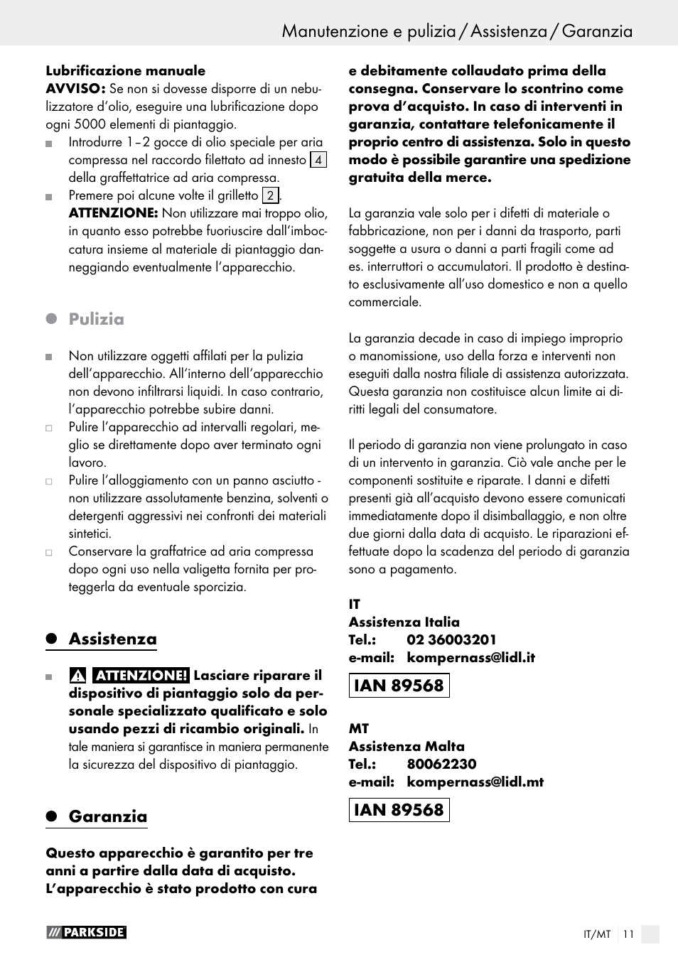 Manutenzione e pulizia / assistenza / garanzia, Uso / manutenzione e pulizia, Pulizia | Assistenza, Garanzia | Parkside PDT 40 C2 User Manual | Page 11 / 37
