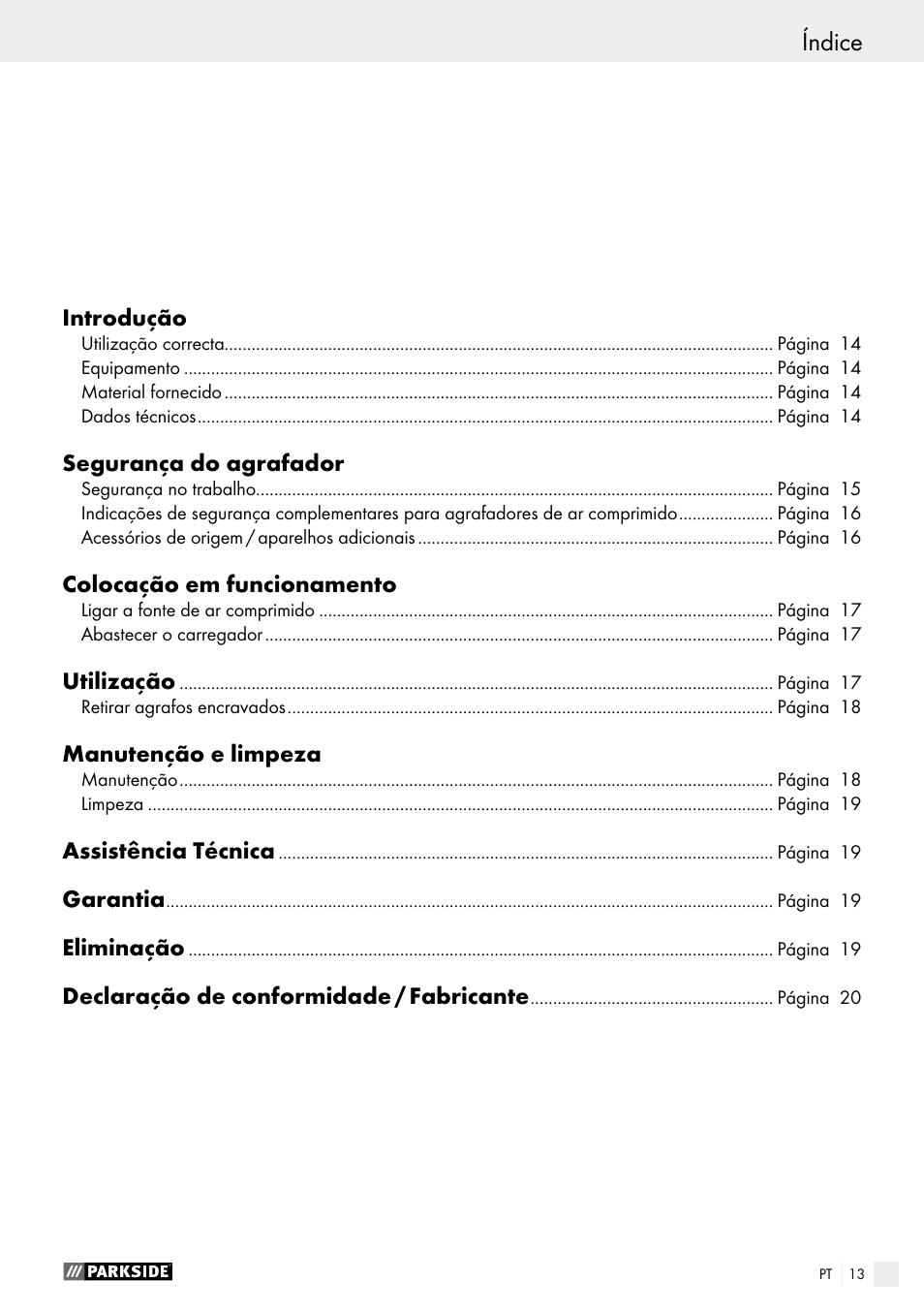 Índice | Parkside PDT 40 C2 User Manual | Page 13 / 37