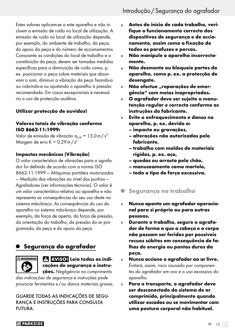 Introdução / segurança do agrafador, Introdução, Segurança do agrafador | Segurança no trabalho | Parkside PDT 40 C2 User Manual | Page 15 / 37