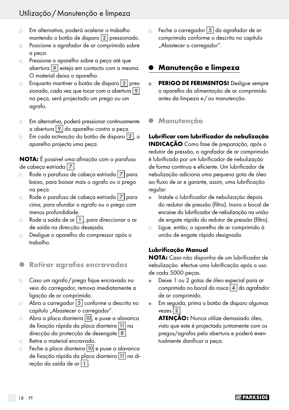 Retirar agrafos encravados, Manutenção e limpeza, Manutenção | Parkside PDT 40 C2 User Manual | Page 18 / 37