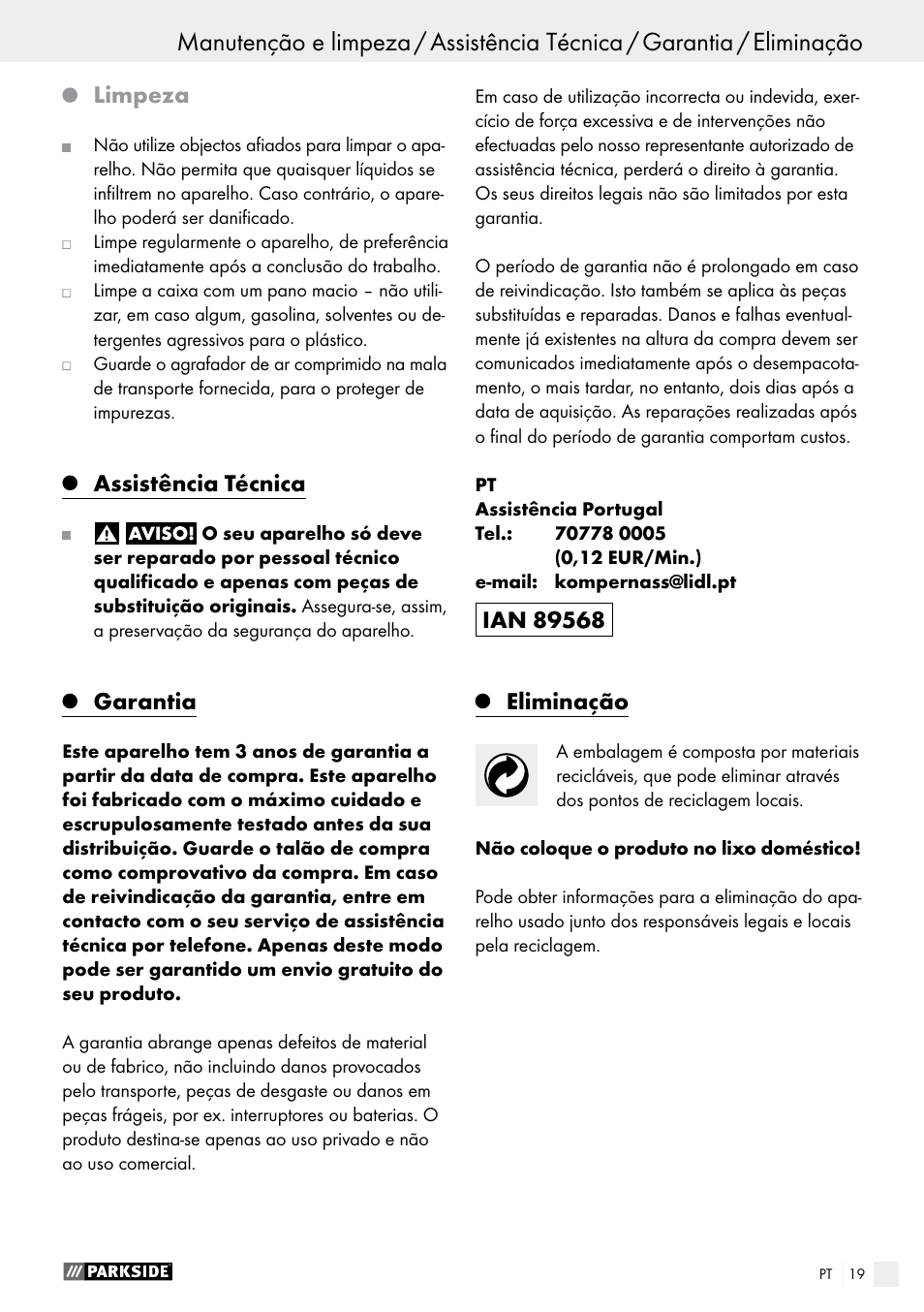 Utilização / manutenção e limpeza, Limpeza, Assistência técnica | Garantia, Eliminação | Parkside PDT 40 C2 User Manual | Page 19 / 37