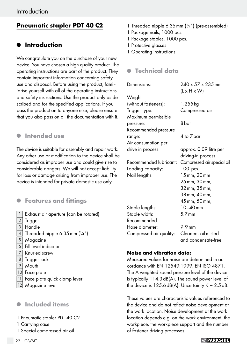 Pneumatic stapler pdt 40 c2 introduction, Intended use, Features and fittings | Included items, Technical data | Parkside PDT 40 C2 User Manual | Page 22 / 37