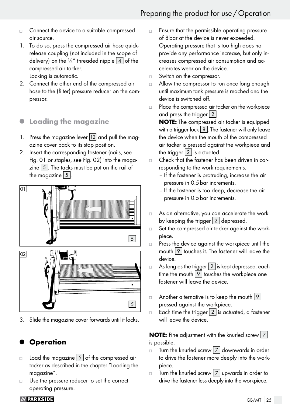 Preparing the product for use / operation, Loading the magazine, Operation | Parkside PDT 40 C2 User Manual | Page 25 / 37