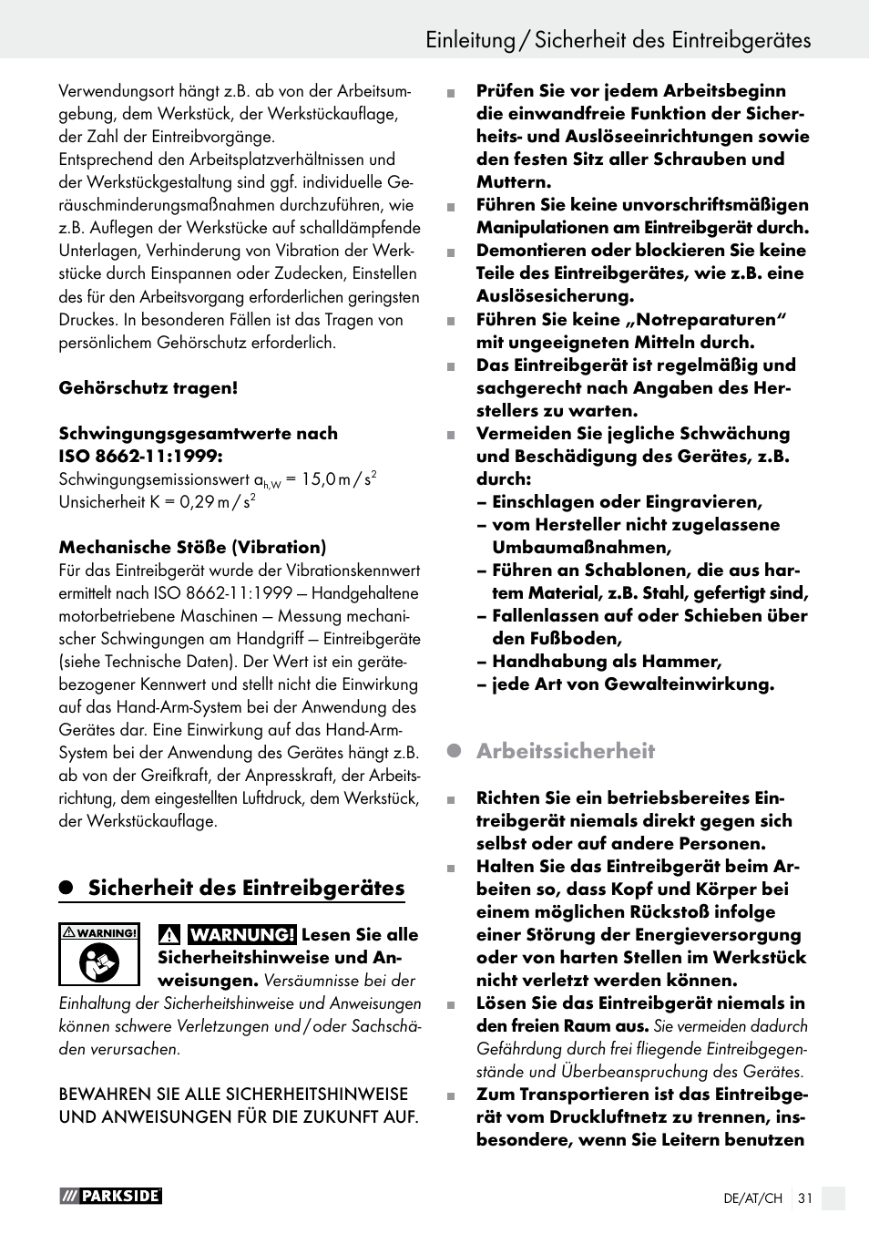 Sicherheit des eintreibgerätes, Arbeitssicherheit | Parkside PDT 40 C2 User Manual | Page 31 / 37