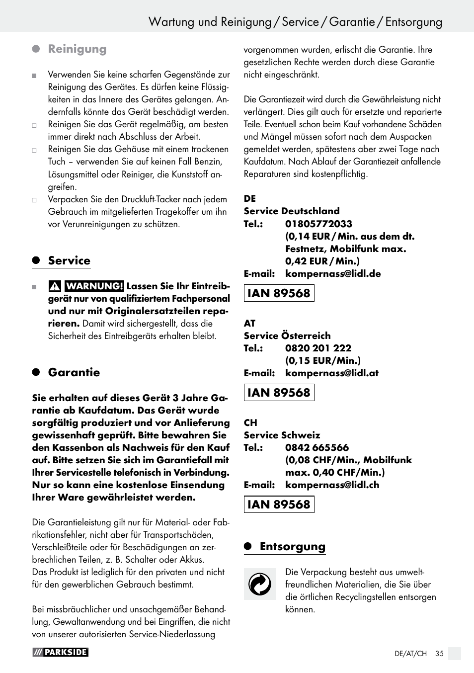 Reinigung, Service, Garantie | Entsorgung | Parkside PDT 40 C2 User Manual | Page 35 / 37