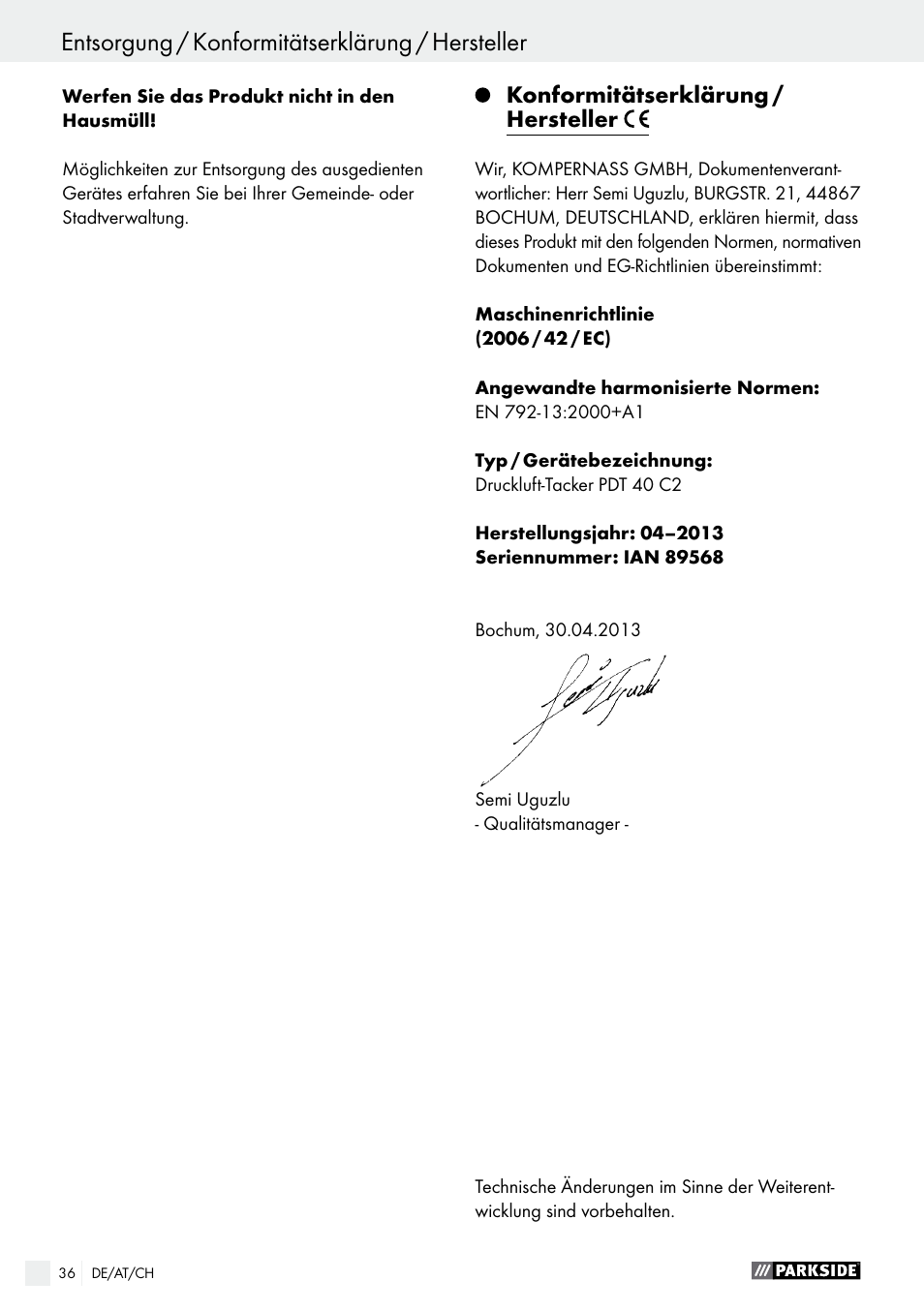Entsorgung / konformitätserklärung / hersteller, Konformitätserklärung / hersteller | Parkside PDT 40 C2 User Manual | Page 36 / 37