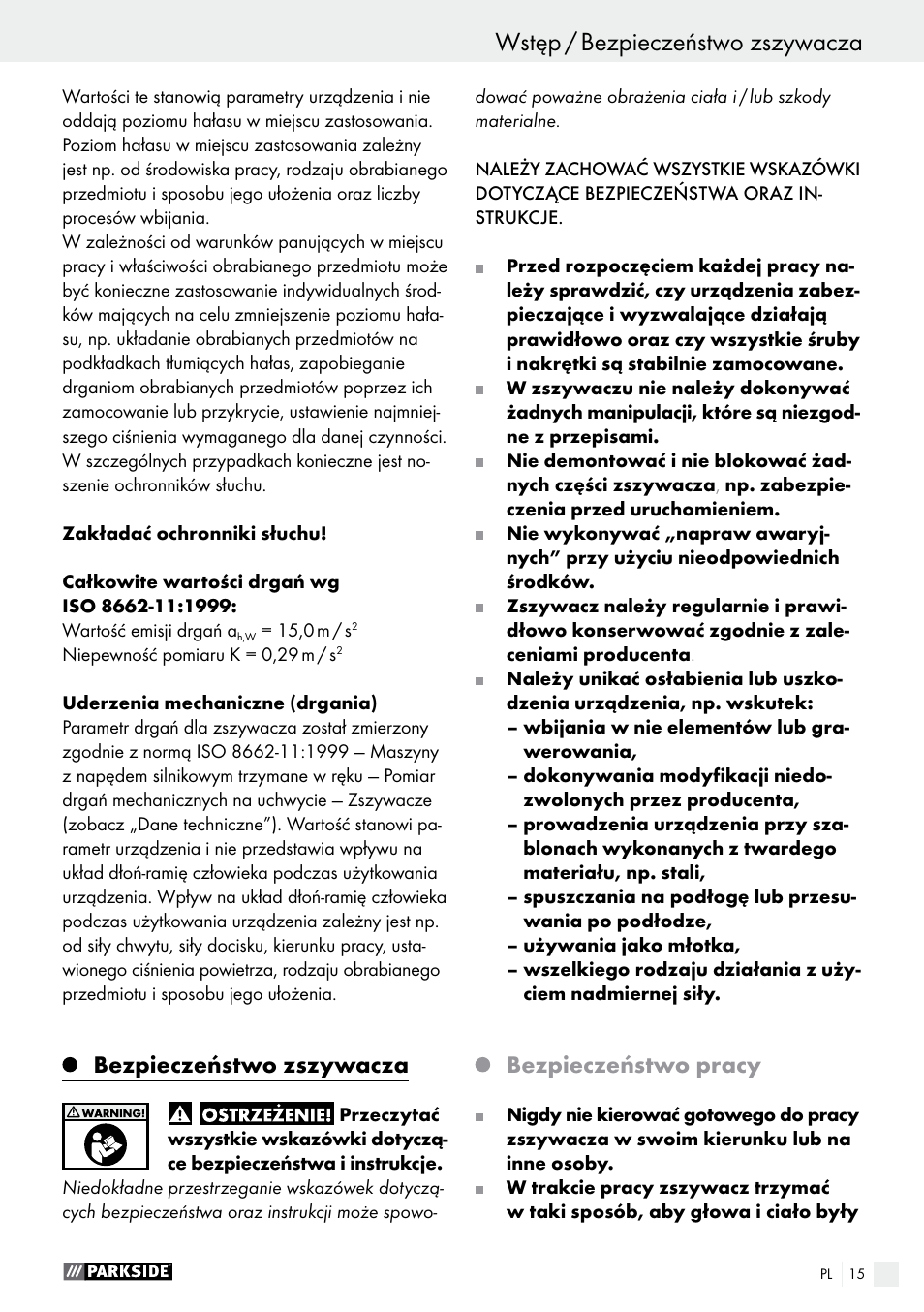Wstęp / bezpieczeństwo zszywacza wstęp, Bezpieczeństwo zszywacza, Bezpieczeństwo pracy | Parkside PDT 40 C2 User Manual | Page 15 / 61