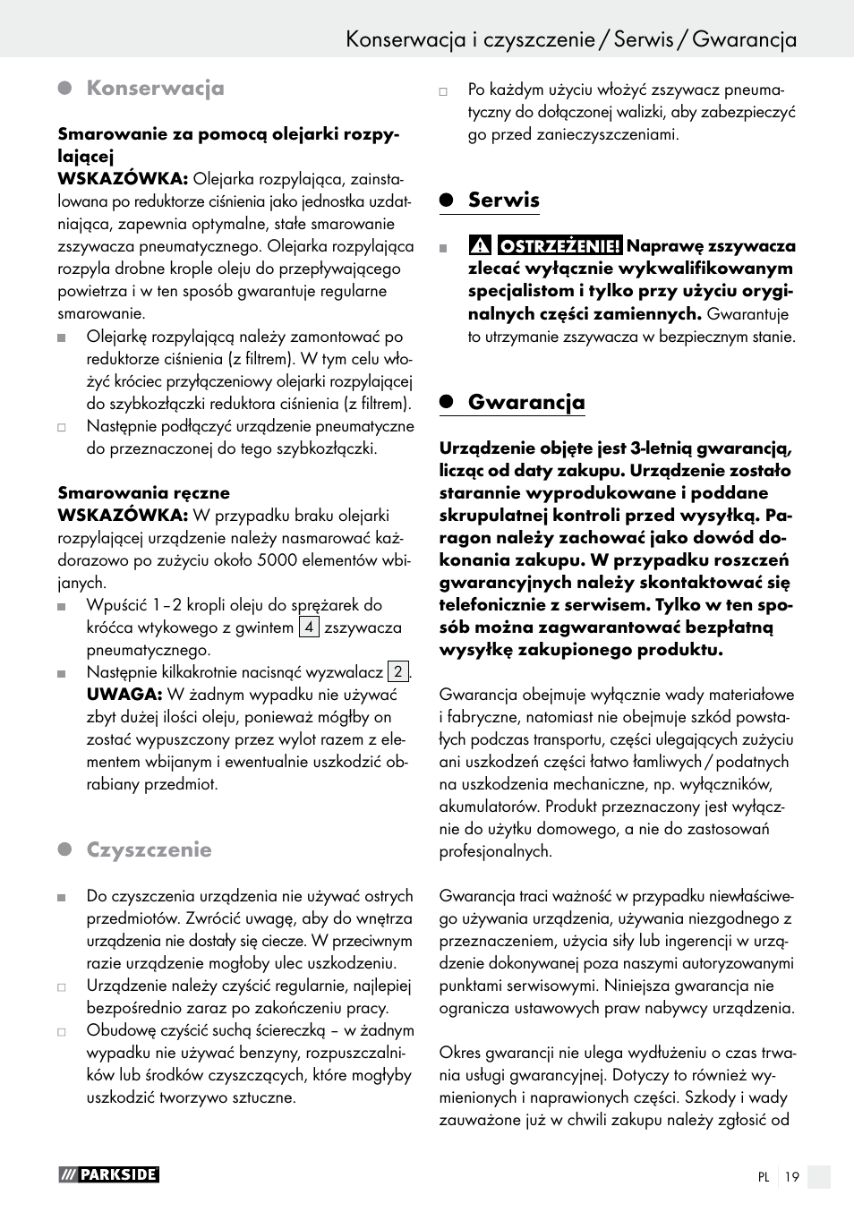Konserwacja, Czyszczenie, Serwis | Gwarancja | Parkside PDT 40 C2 User Manual | Page 19 / 61