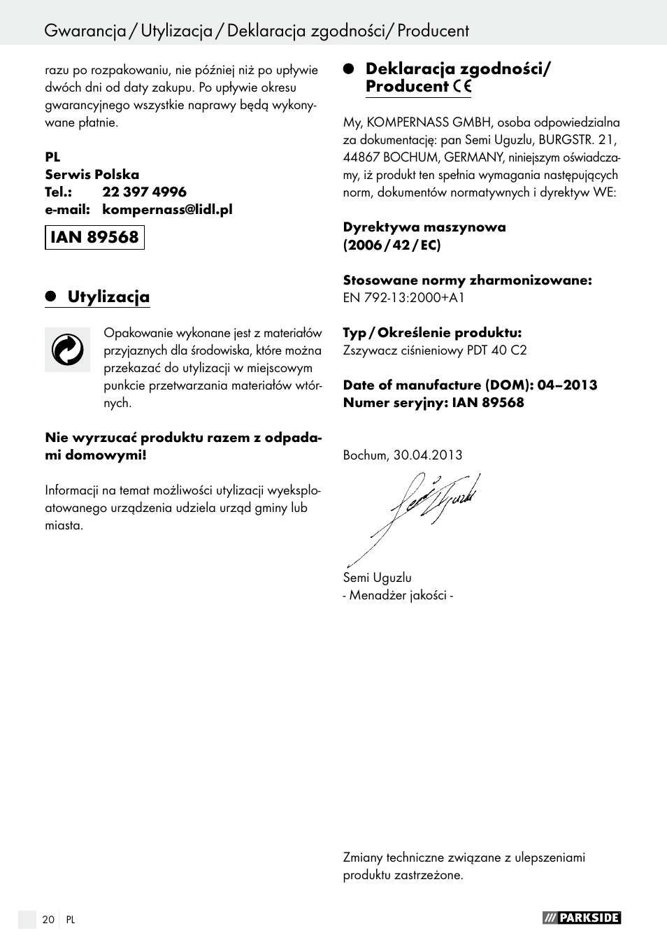 Tartalomjegyzék | Parkside PDT 40 C2 User Manual | Page 20 / 61