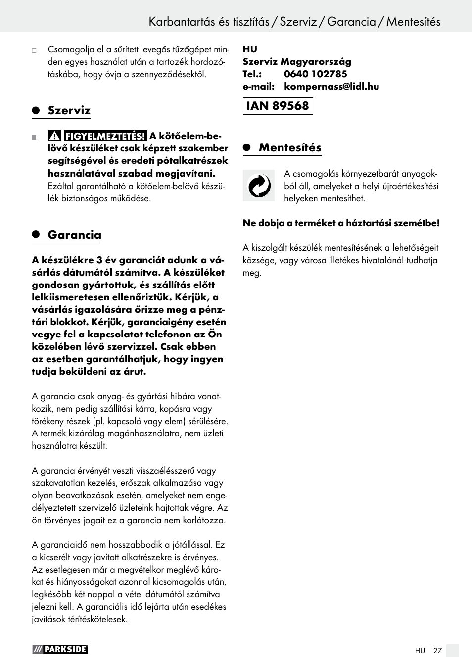 Szerviz, Garancia, Mentesítés | Parkside PDT 40 C2 User Manual | Page 27 / 61