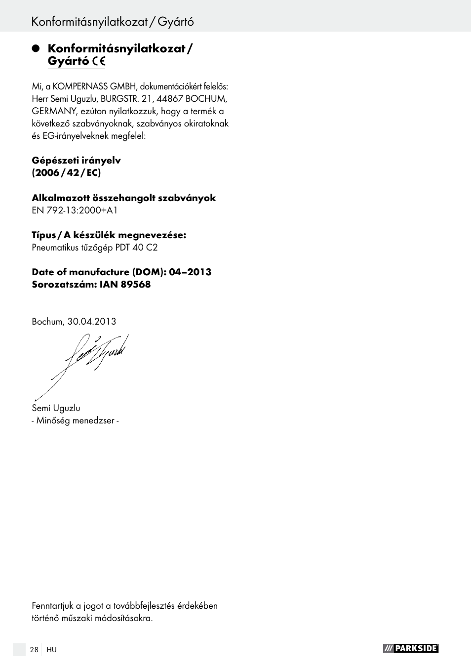 Konformitásnyilatkozat / gyártó, Kazalo | Parkside PDT 40 C2 User Manual | Page 28 / 61