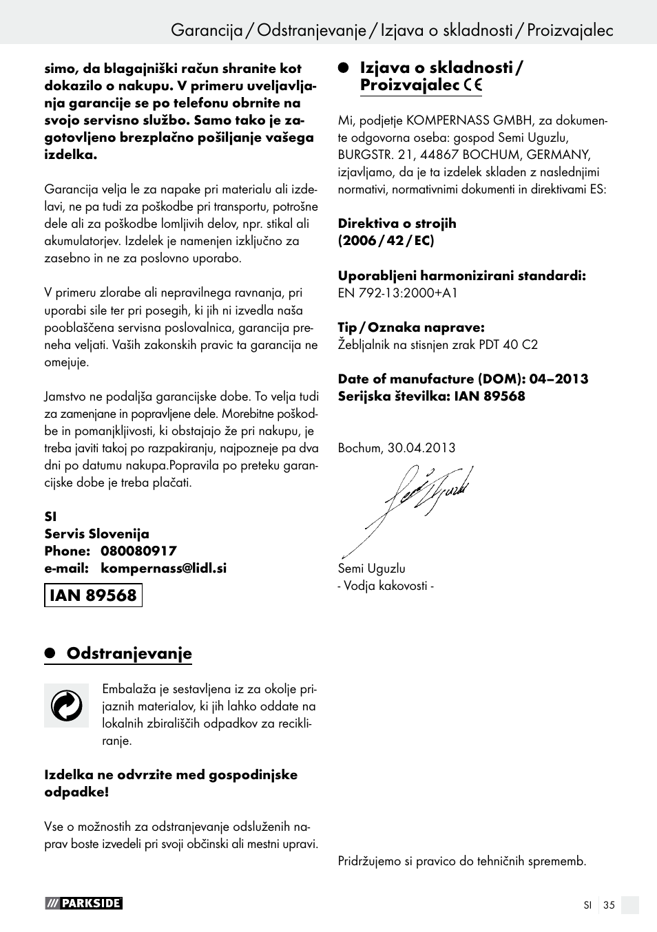 Odstranjevanje, Izjava o skladnosti / proizvajalec | Parkside PDT 40 C2 User Manual | Page 35 / 61