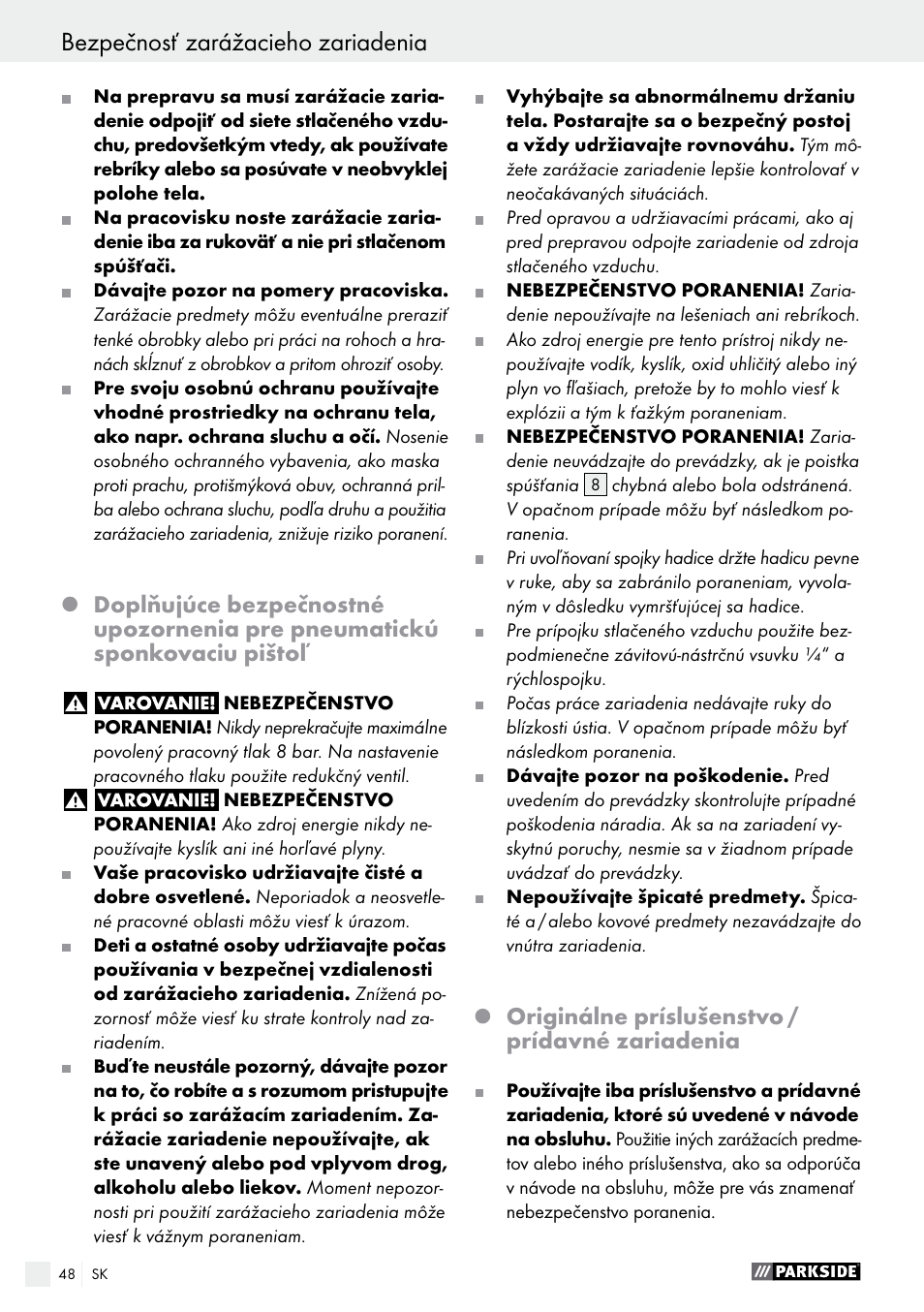 Bezpečnosť zarážacieho zariadenia, Uvedenie do prevádzky / obsluha, Originálne príslušenstvo / prídavné zariadenia | Parkside PDT 40 C2 User Manual | Page 48 / 61