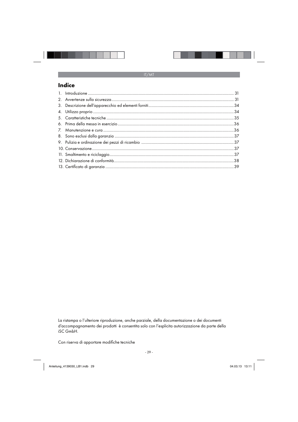 Indice | Parkside PDMH 4500 A2 User Manual | Page 29 / 66