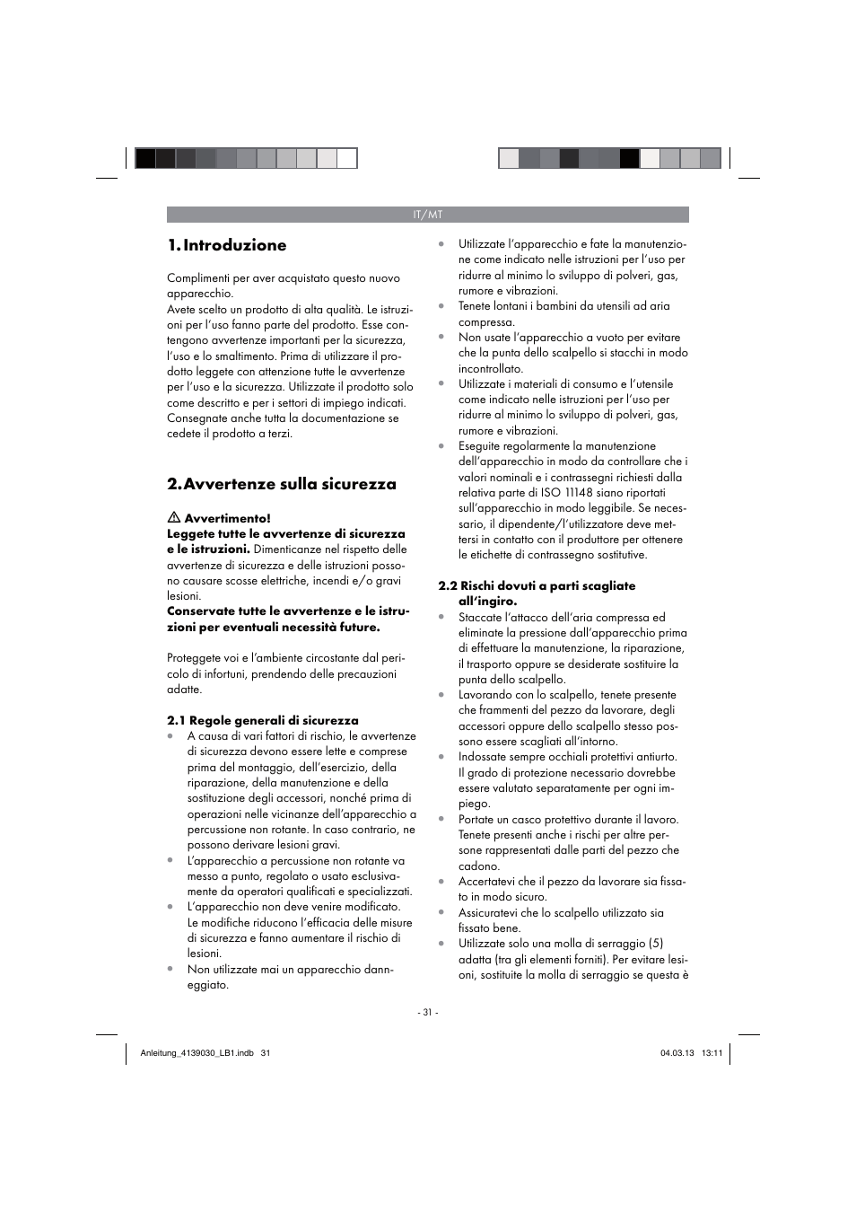 Introduzione, Avvertenze sulla sicurezza | Parkside PDMH 4500 A2 User Manual | Page 31 / 66