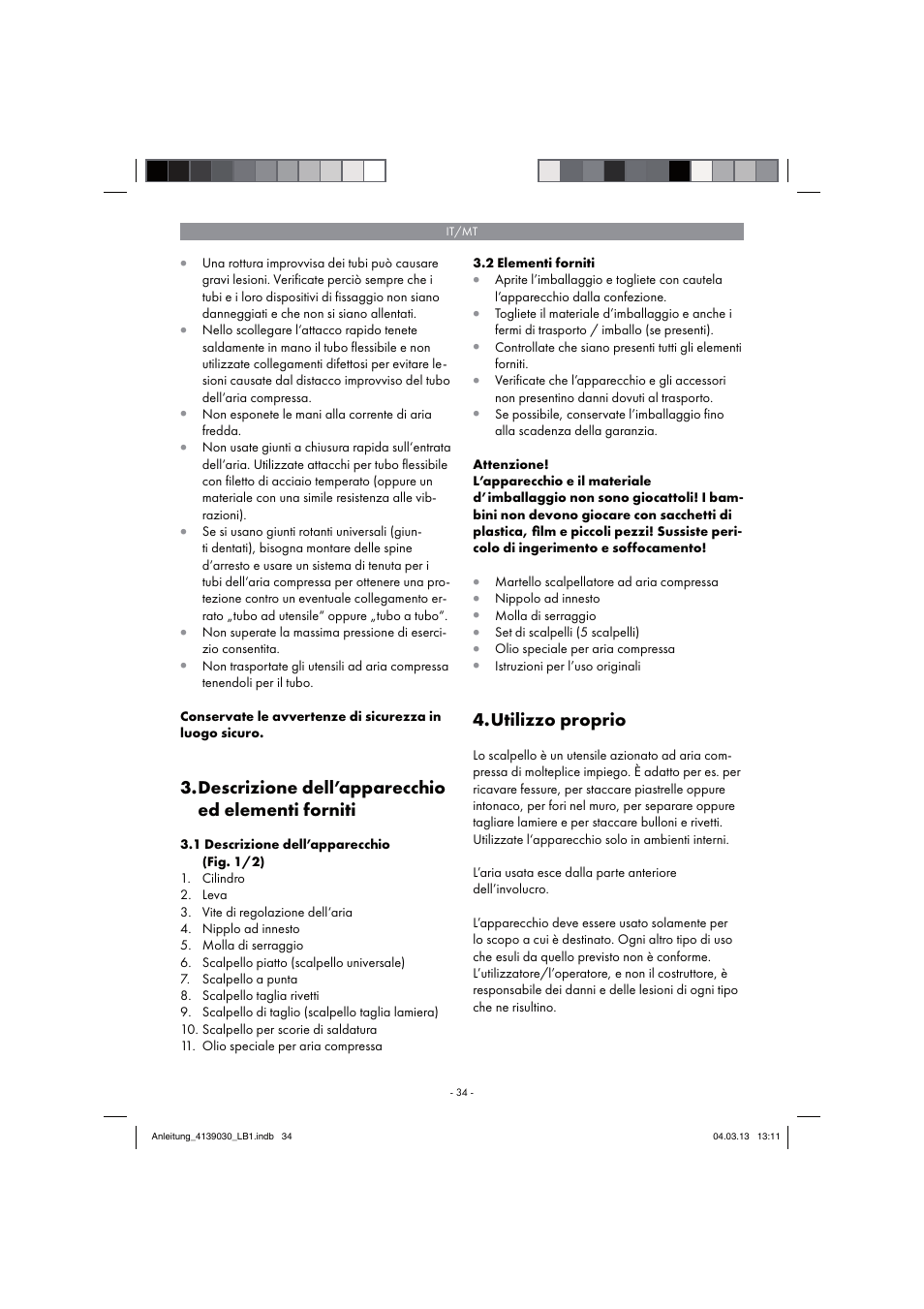 Descrizione dell’apparecchio ed elementi forniti, Utilizzo proprio | Parkside PDMH 4500 A2 User Manual | Page 34 / 66