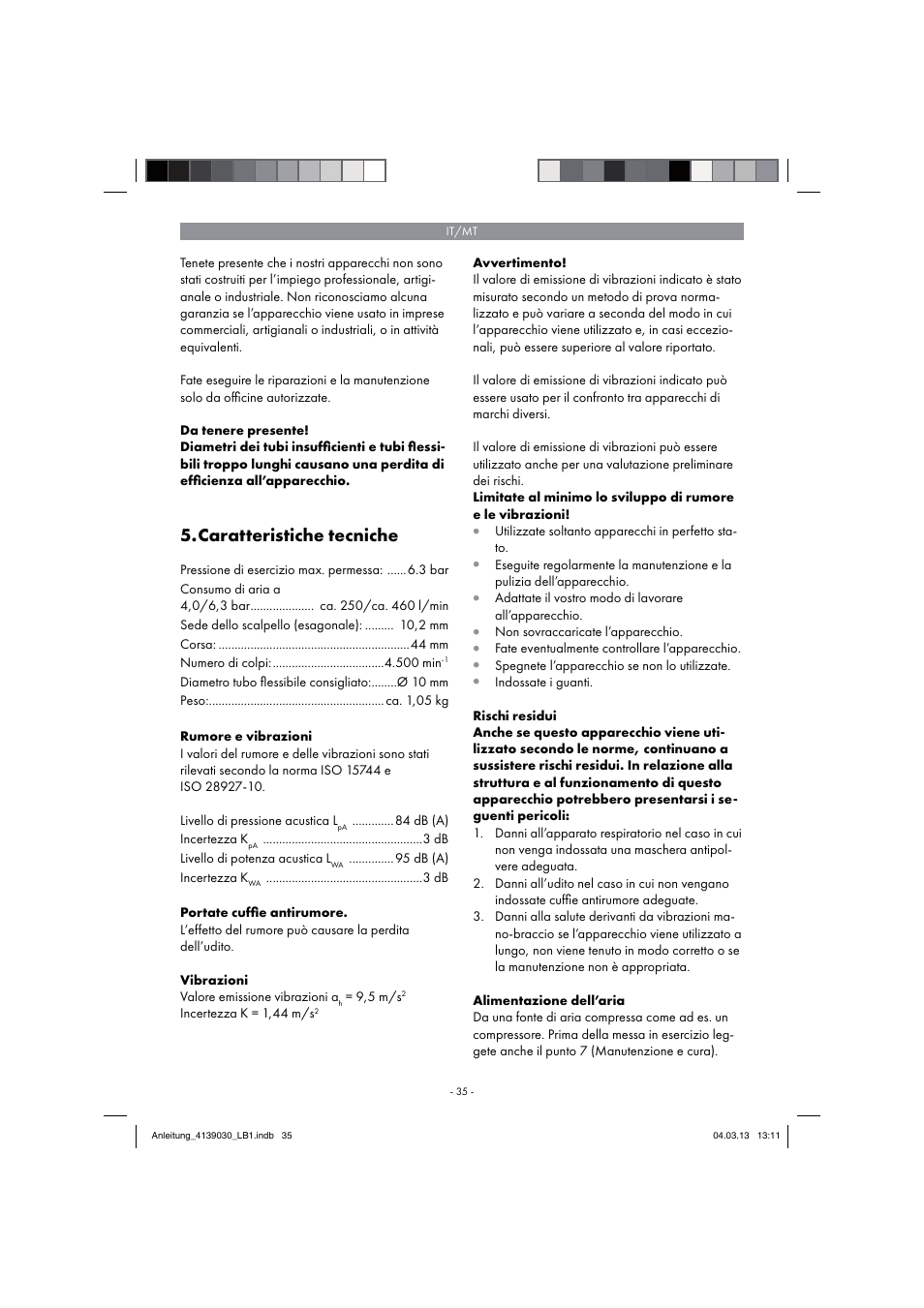 Caratteristiche tecniche | Parkside PDMH 4500 A2 User Manual | Page 35 / 66
