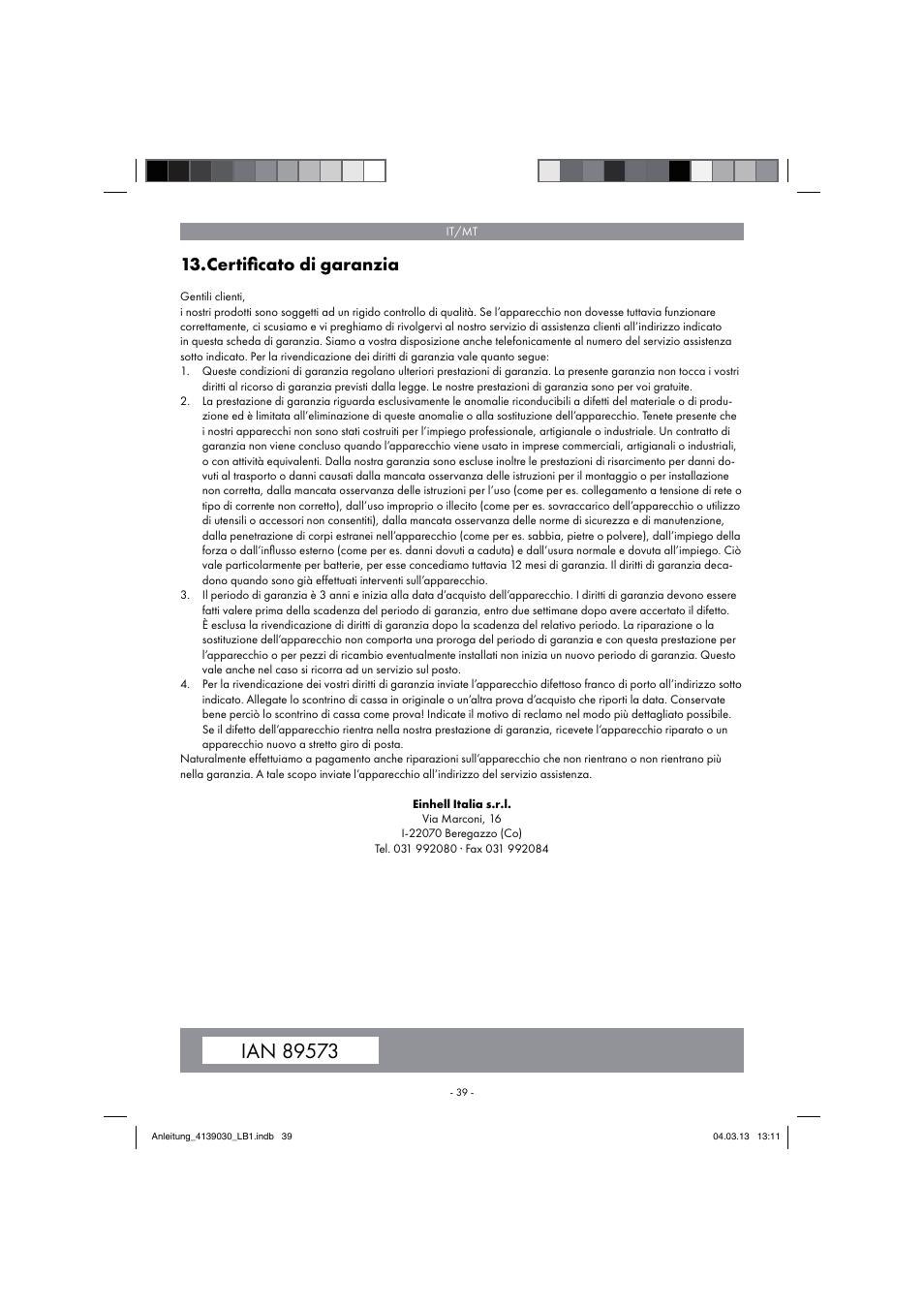 Certiﬁ cato di garanzia | Parkside PDMH 4500 A2 User Manual | Page 39 / 66