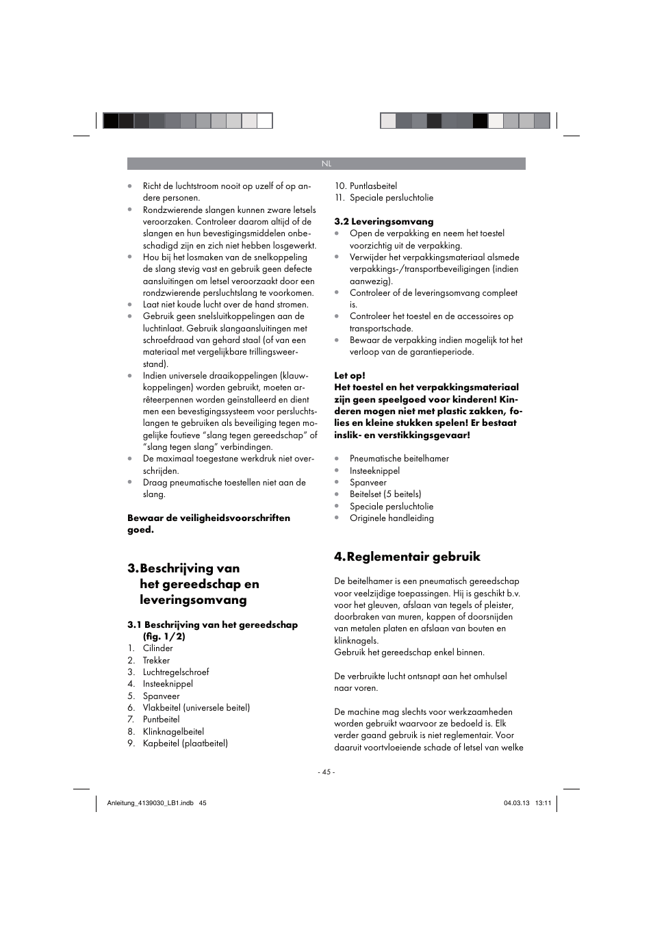 Reglementair gebruik | Parkside PDMH 4500 A2 User Manual | Page 45 / 66