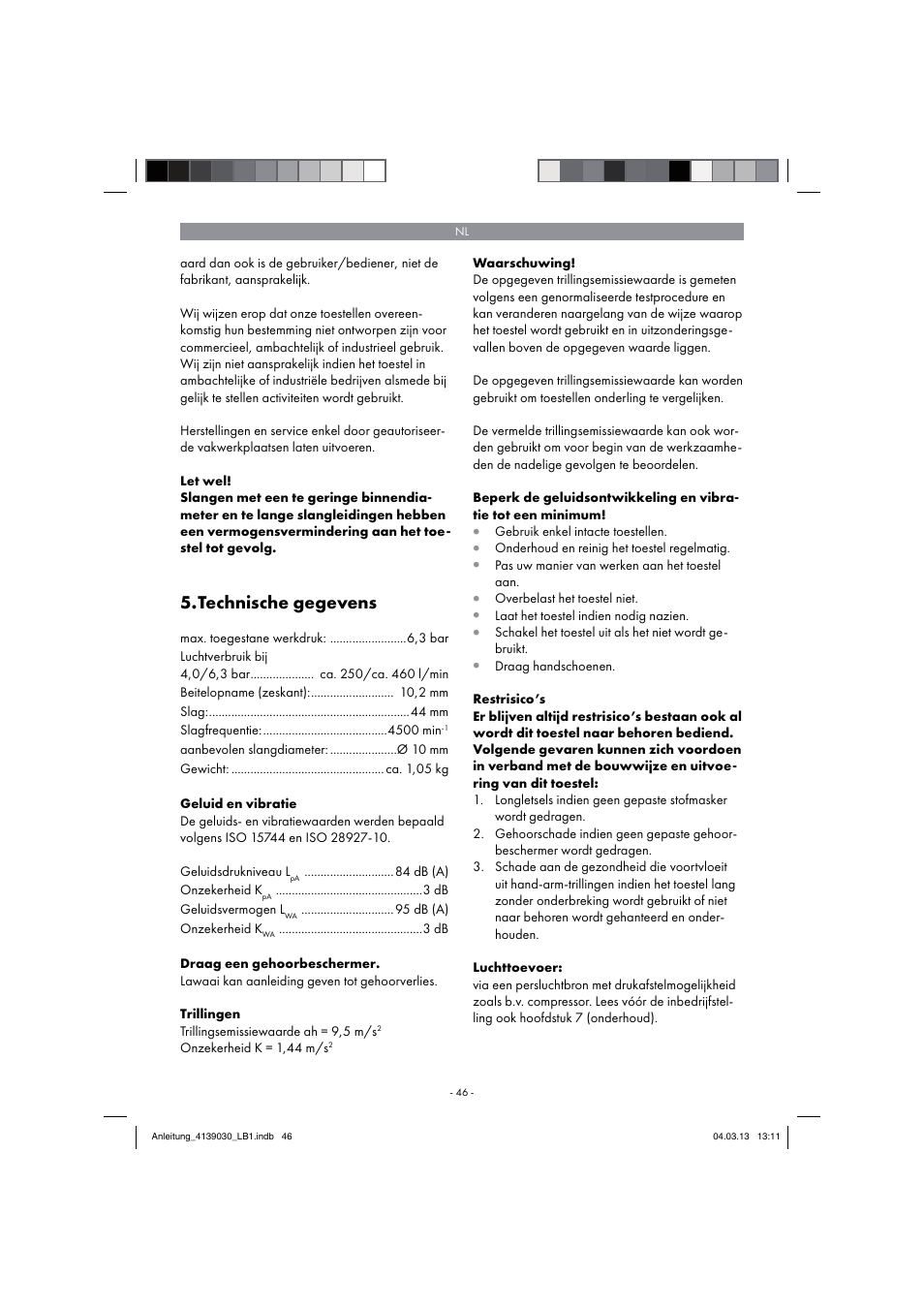 Technische gegevens | Parkside PDMH 4500 A2 User Manual | Page 46 / 66
