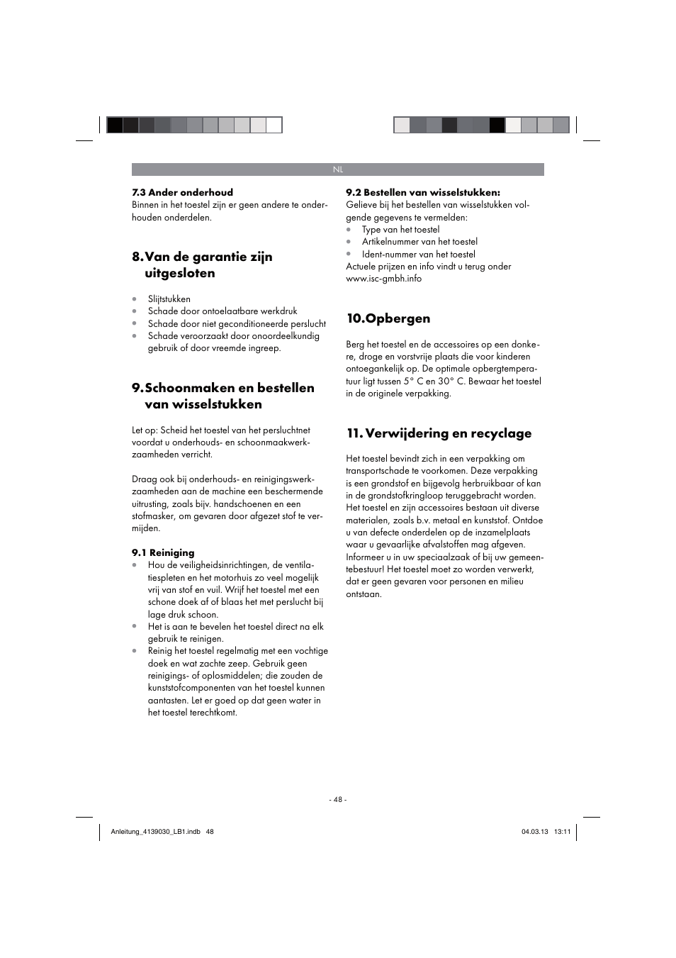 Van de garantie zijn uitgesloten, Schoonmaken en bestellen van wisselstukken, Opbergen | Verwijdering en recyclage | Parkside PDMH 4500 A2 User Manual | Page 48 / 66