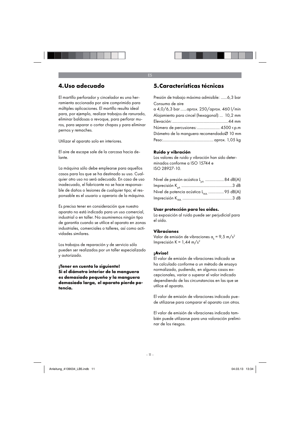 Uso adecuado, Características técnicas | Parkside PDMH 4500 A2 User Manual | Page 11 / 66