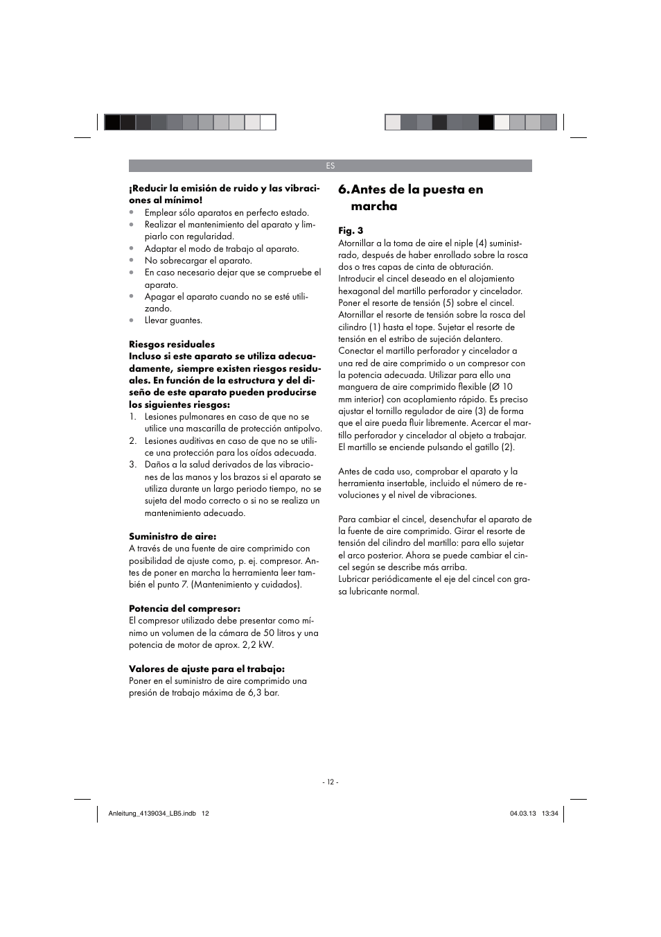 Antes de la puesta en marcha | Parkside PDMH 4500 A2 User Manual | Page 12 / 66