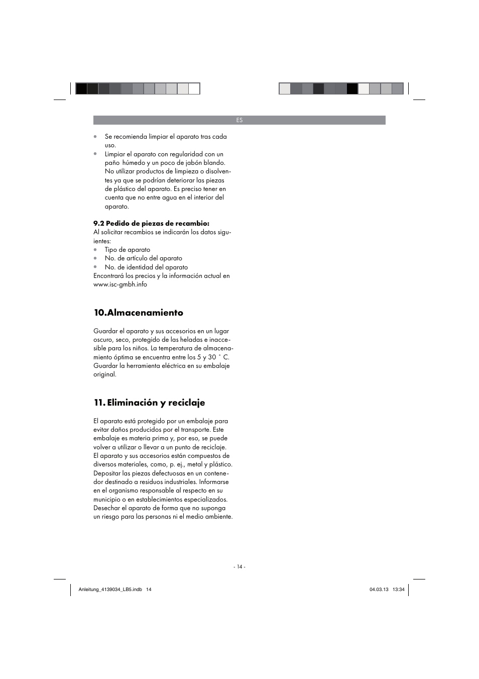 Almacenamiento, Eliminación y reciclaje | Parkside PDMH 4500 A2 User Manual | Page 14 / 66