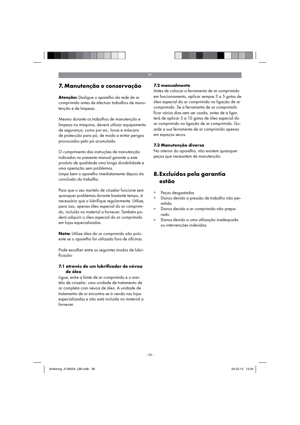 Manutenção e conservação, Excluídos pela garantia estão | Parkside PDMH 4500 A2 User Manual | Page 36 / 66