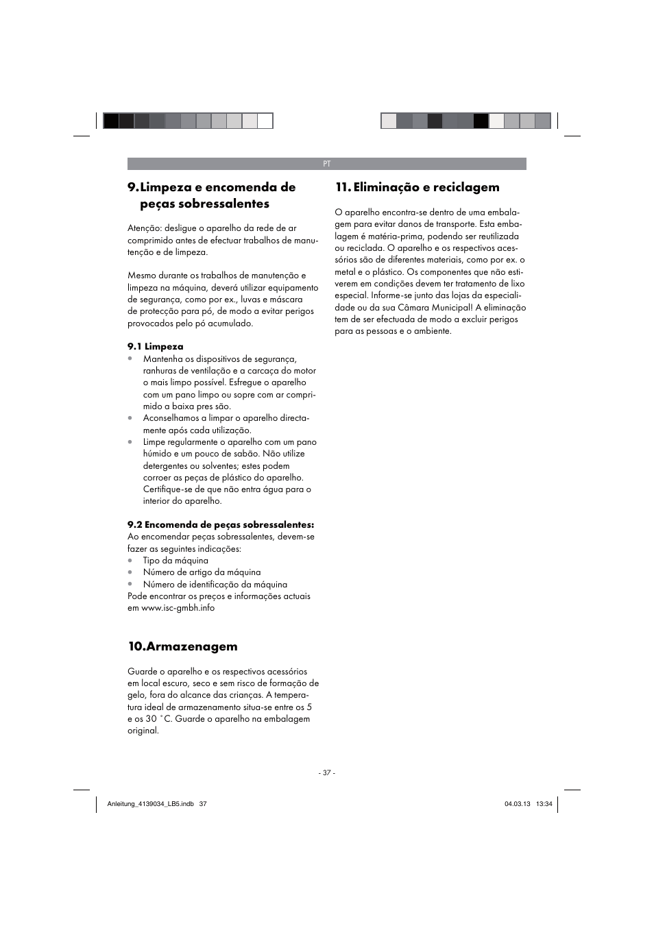 Limpeza e encomenda de peças sobressalentes, Armazenagem, Eliminação e reciclagem | Parkside PDMH 4500 A2 User Manual | Page 37 / 66