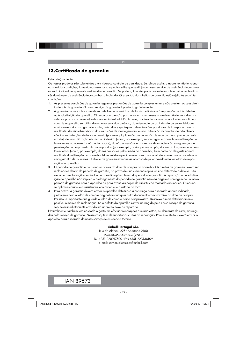 Certiﬁ cado de garantia | Parkside PDMH 4500 A2 User Manual | Page 39 / 66