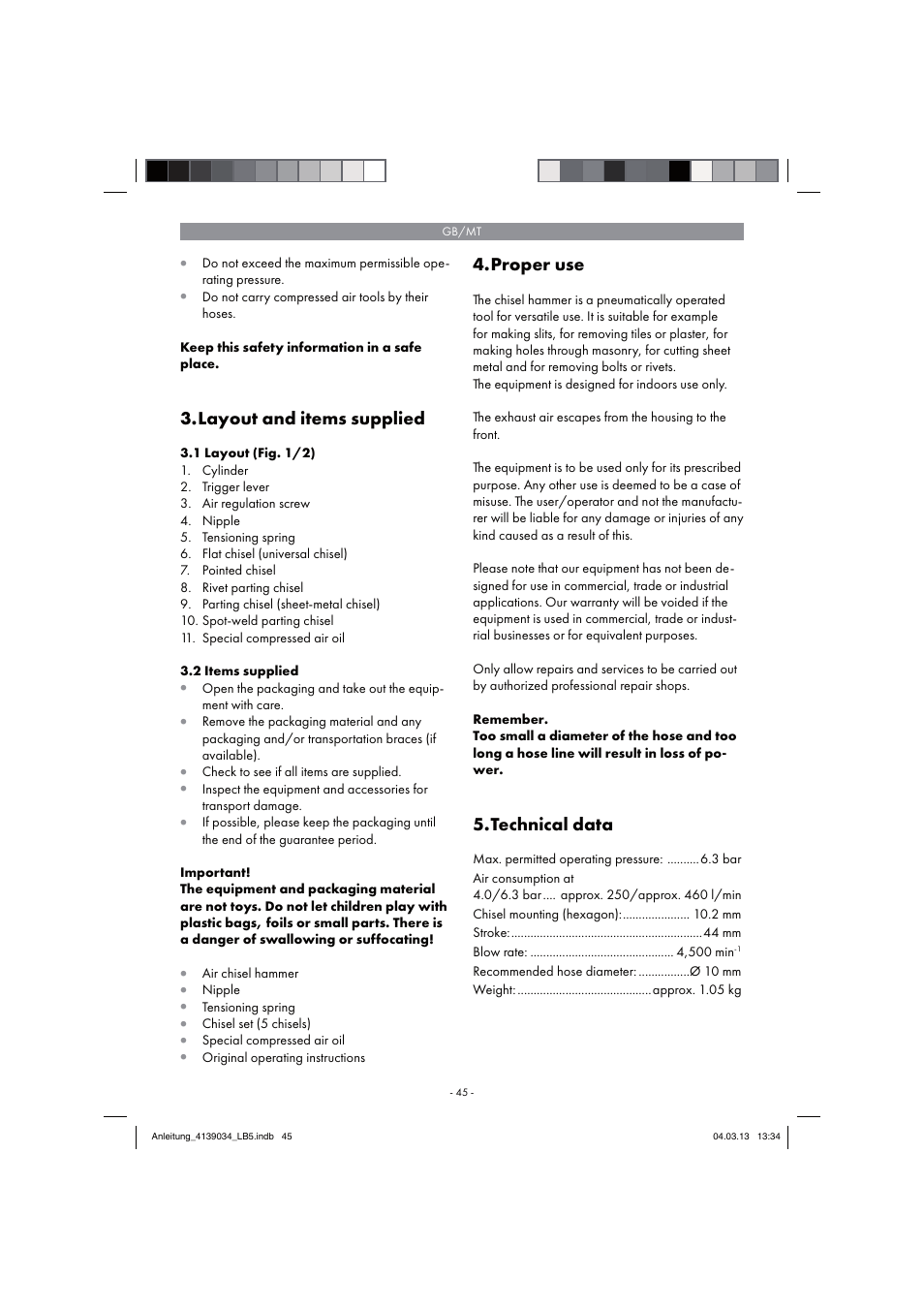 Layout and items supplied, Proper use, Technical data | Parkside PDMH 4500 A2 User Manual | Page 45 / 66
