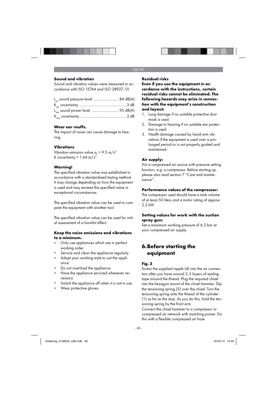 Before starting the equipment | Parkside PDMH 4500 A2 User Manual | Page 46 / 66