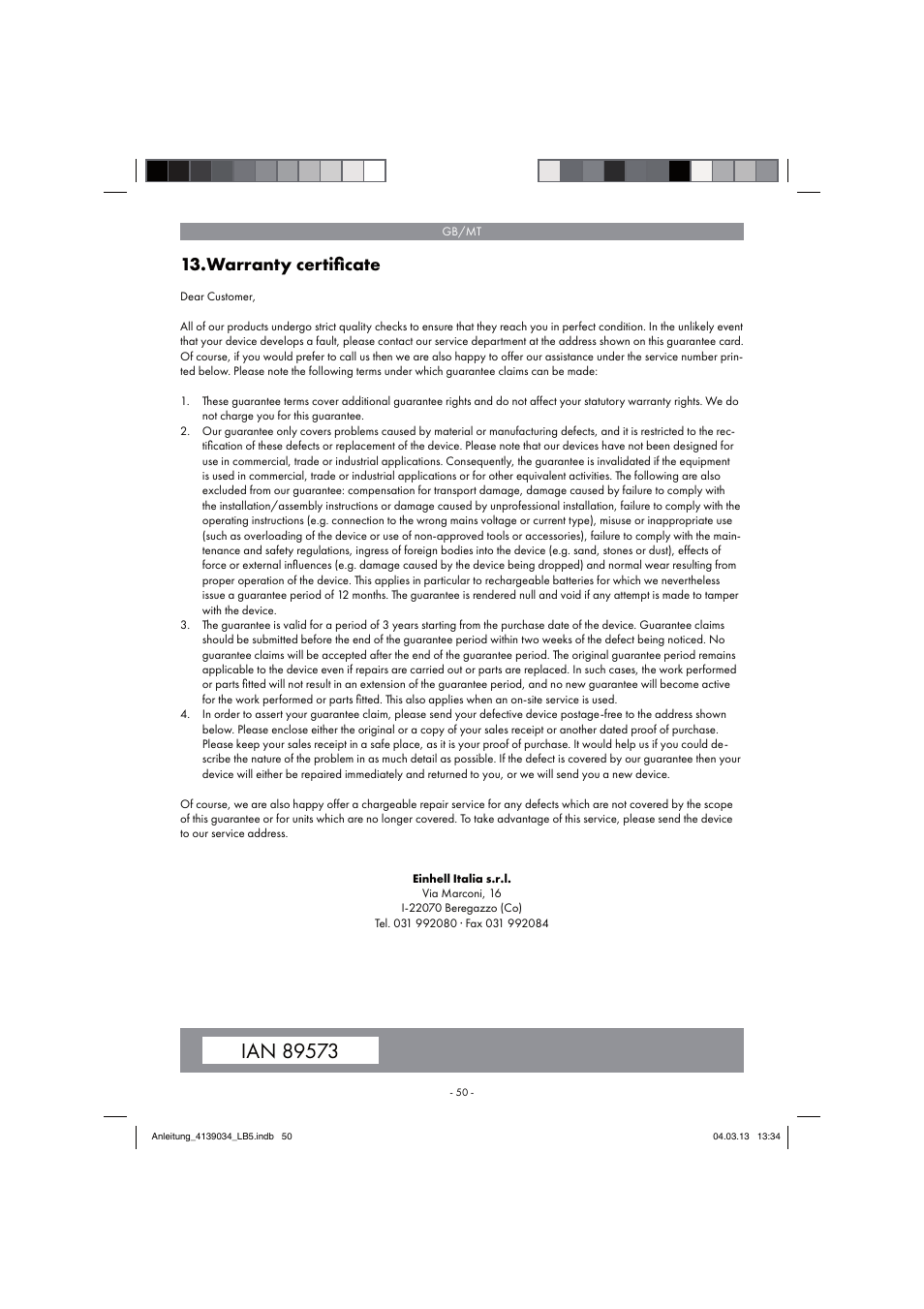 Warranty certiﬁ cate | Parkside PDMH 4500 A2 User Manual | Page 50 / 66